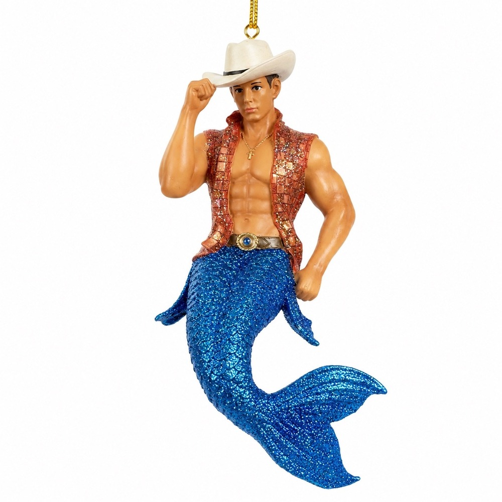 December Diamonds Dallas Merman Cowboy Christmas Ornament Blue Glitter 2014 Box